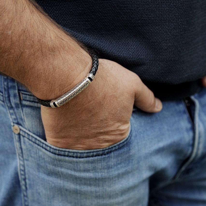 Silver Aegis Herrenarmband Leder 925 Silber Magnetverschluss 925 Silber Moissanit Schmuck | Steffanii