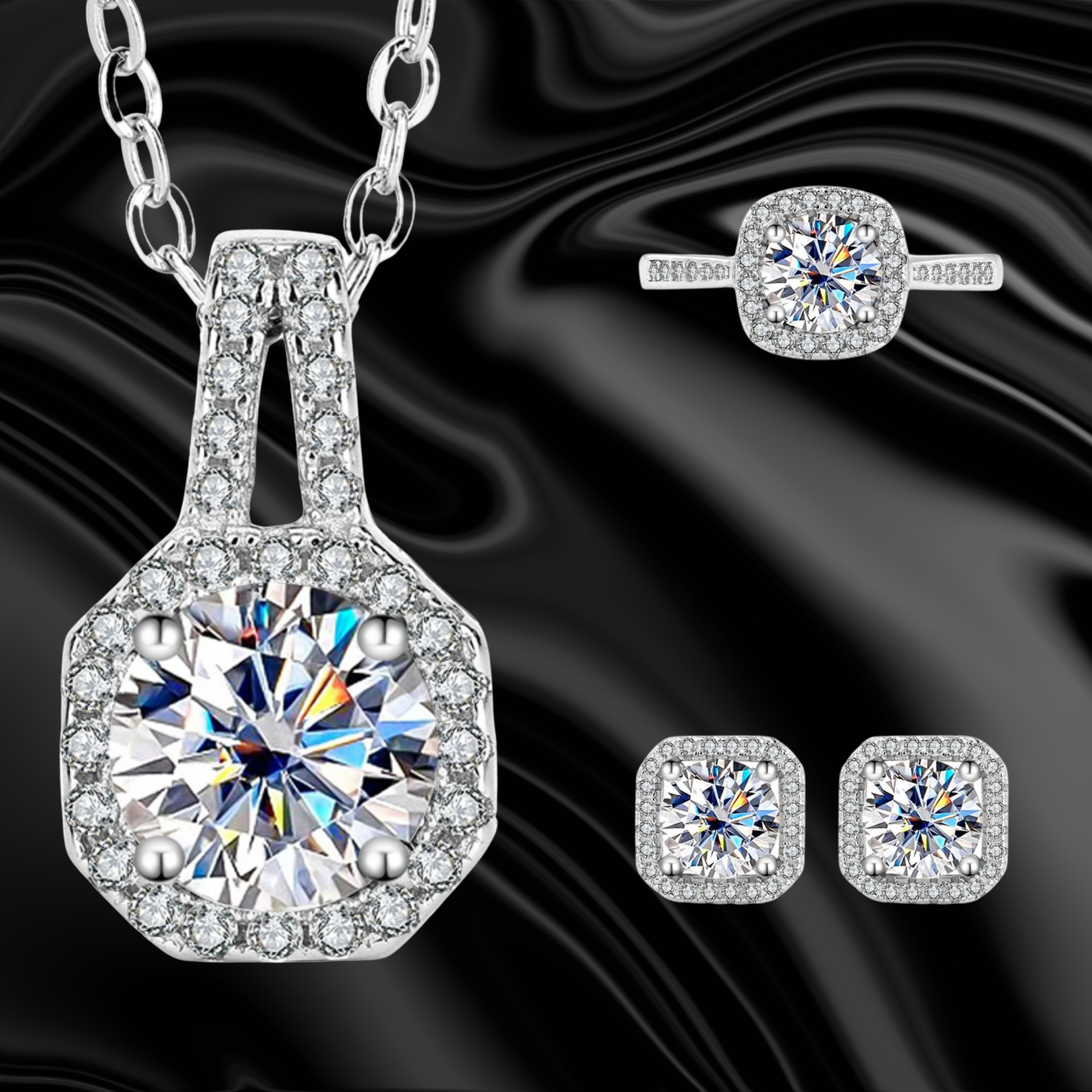 Jewelry set with ring, earrings & pendant – Square Radiance S925 Silver Mossanite Stones Jewelry Set for Woman