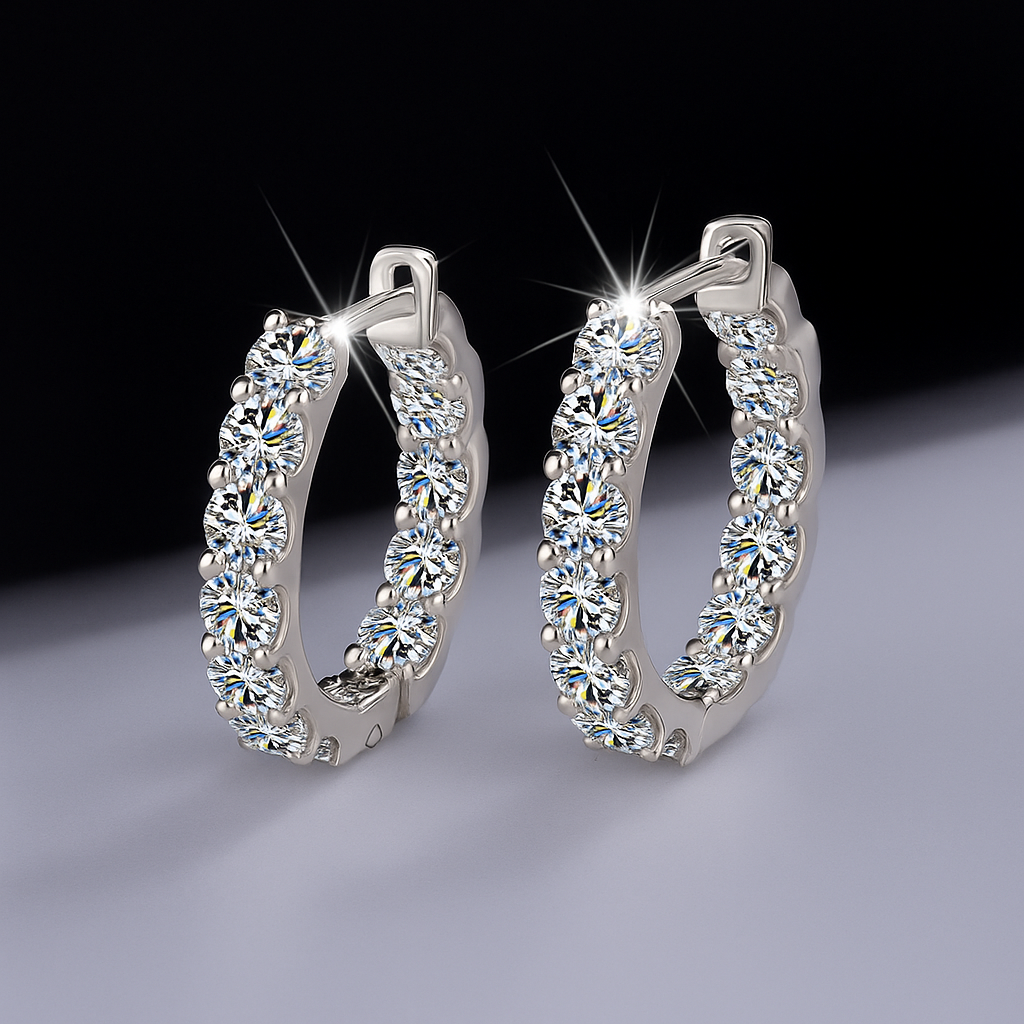 Dioria – elegante Moissanit-Creolen aus 925er Silber mit rund geschliffenen, funkelnden Steinen in Premiumqualität.