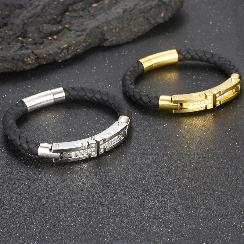 Golden Nexus Herrenarmband Leder Edelstahl 925 Silber Moissanit Schmuck | Steffanii