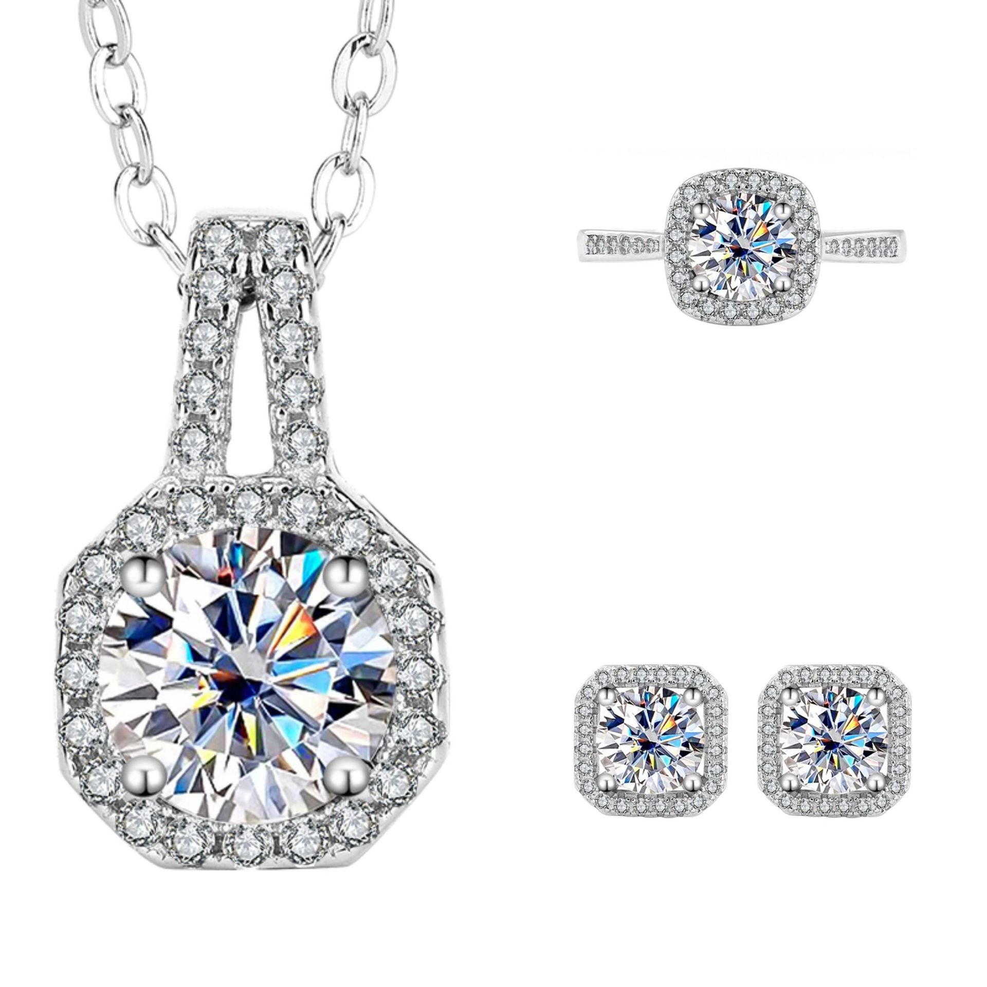 Entdecke das Moissanit Schmuck Set „Square Radiance“ aus 925er Silber. Verstellbarer Ring, Ohrstecker & Anhänger mit GRA-Zertifikat – wahlweise 1 oder 2 Karat.