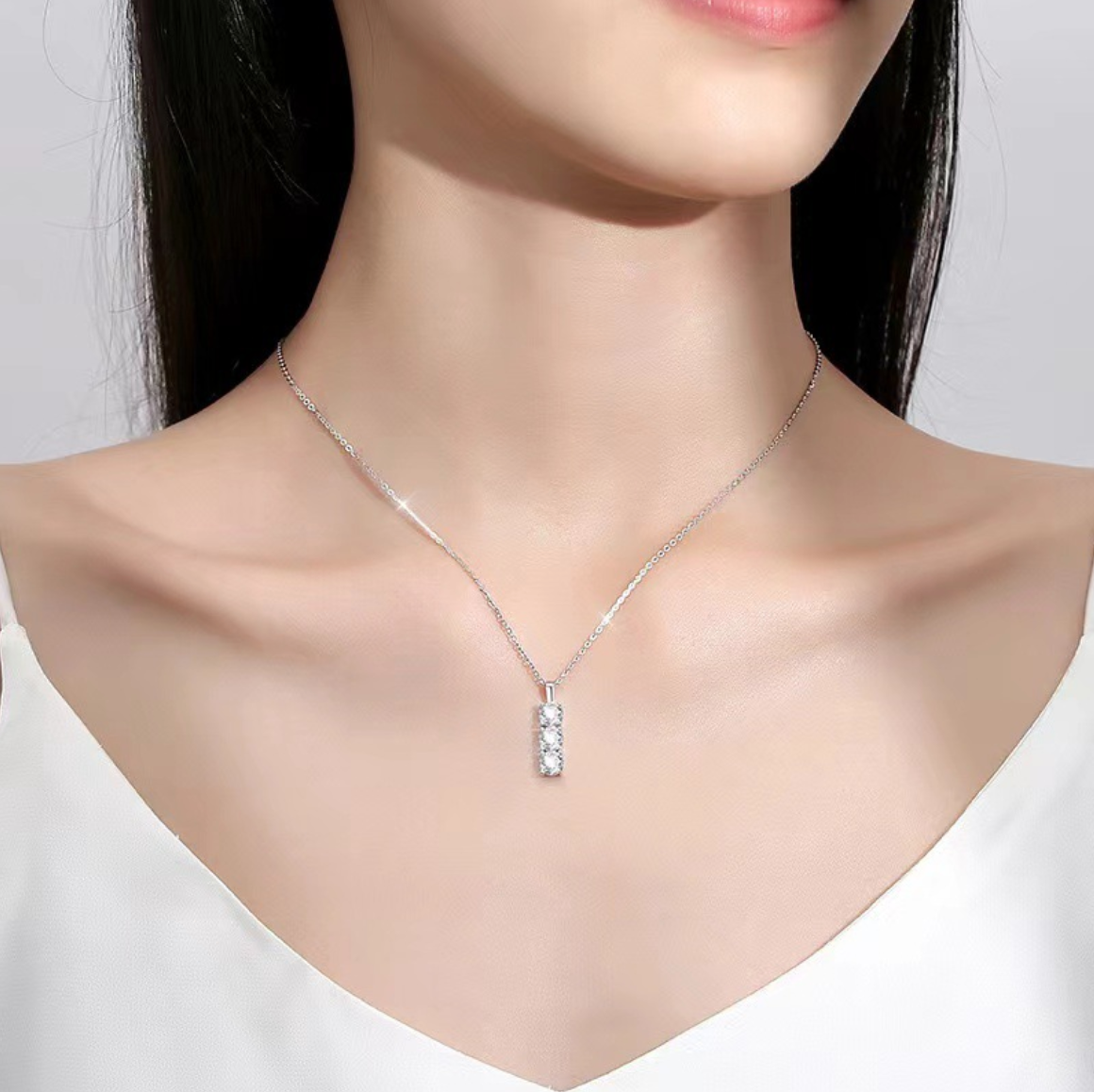 "Trinity Glow" Silver Moissanite Bar Necklace