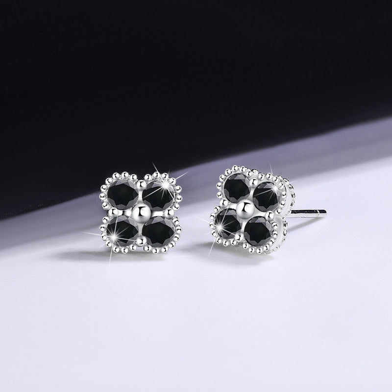 Matching silver set with moissanite – Black mossanite S925 Silver Blossom Stud Earrings for Woman