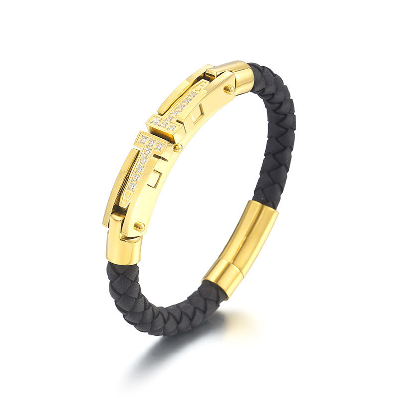 Delicate moissanite bracelet in 925 silver – Men's Braided Leather and Stainless Steel Bracelet with Shiny Stones