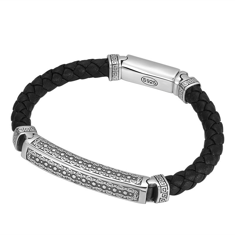 Adjustable bracelet with moissanite accents – Black Leather Bracelet with Sterling Silver Elements (S925) for Man